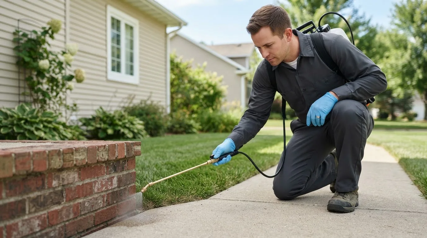 Pest control technician treating a home near Erie, PA